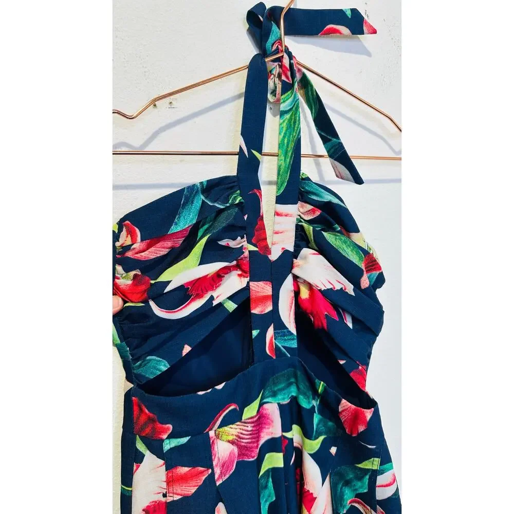 PATBO Navy Blue Floral Halter Neck Center Cut-Out Wide Leg Laelia Jumpsuit US 0 - Picture 6 of 16
